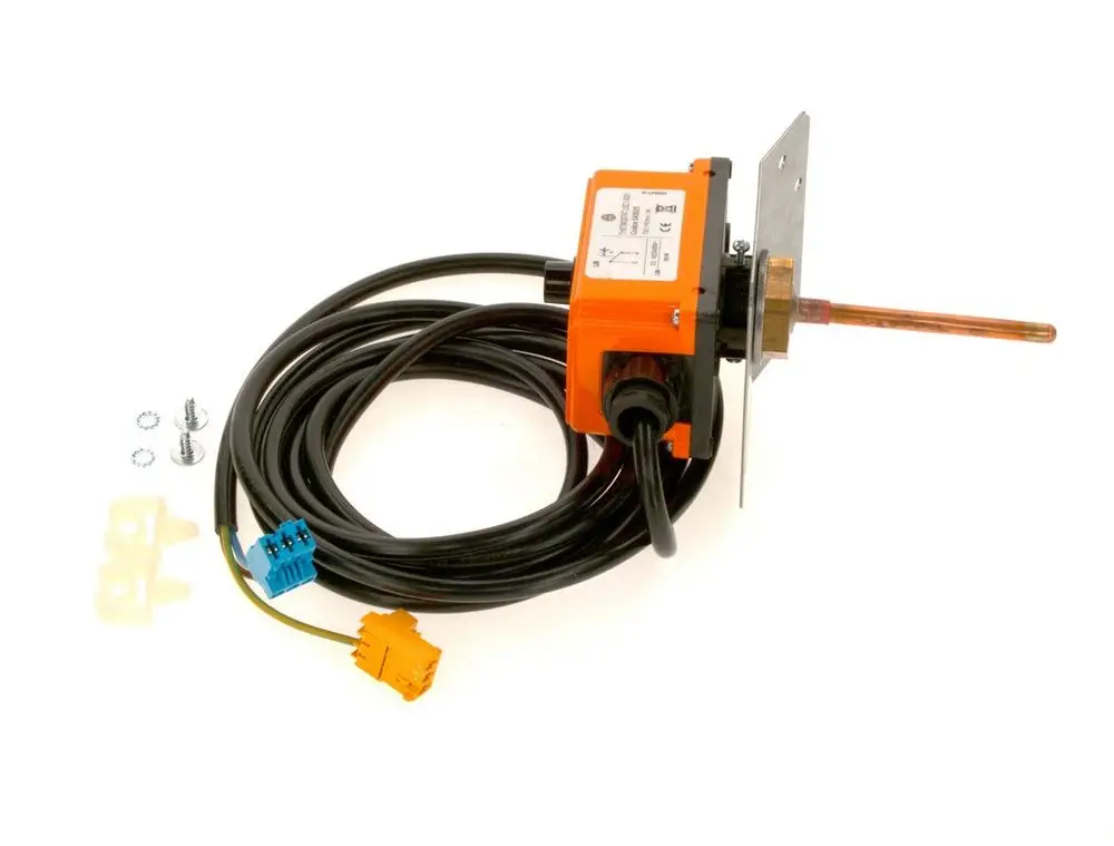 Bosch Abgasüberwachung mit Sensor, rot-schwarzem Gehäuse und Befestigungsplatte. Kabel mit Steckverbindungen in verschiedenen Farben. Schrauben und Montagematerial liegen bei.